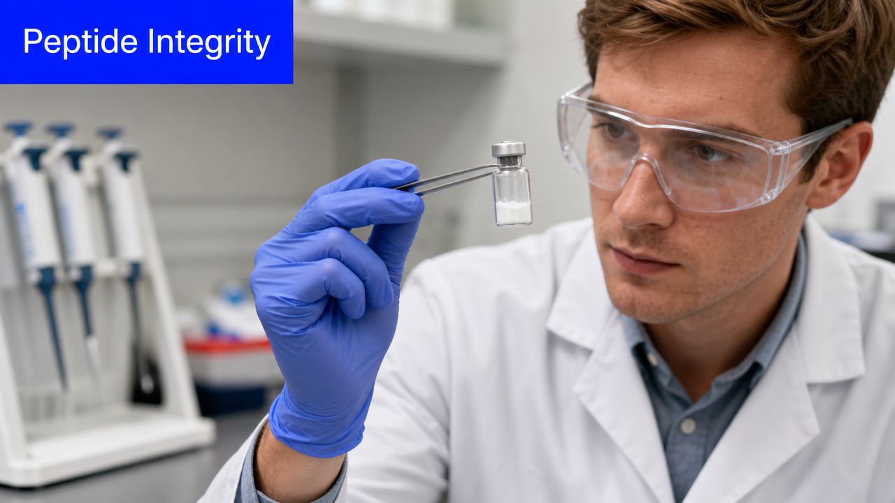 A scientist in a lab coat and safety goggles inspects a small vial of white powder with tweezers.