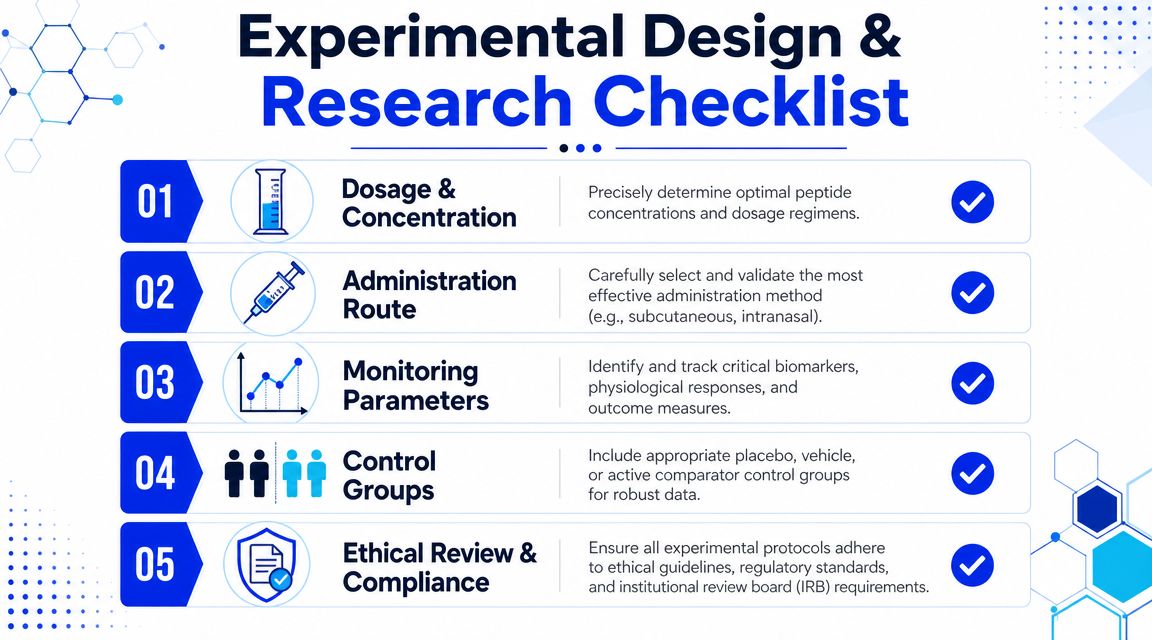 An infographic checklist for experimental research design, outlining essential steps for scientific studies and peptide research.