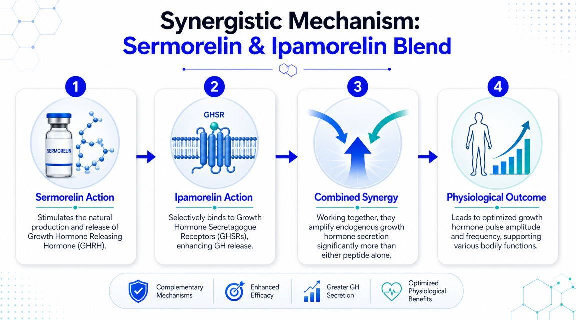 A diagram illustrating the synergistic mechanism of a Sermorelin and Ipamorelin peptide blend for hormone optimization.
