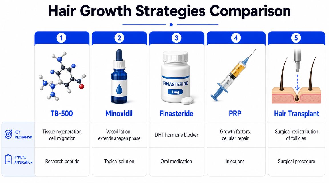 A comparison chart showing five common hair growth strategies including TB-500, Minoxidil, Finasteride, PRP, and hair transplants.
