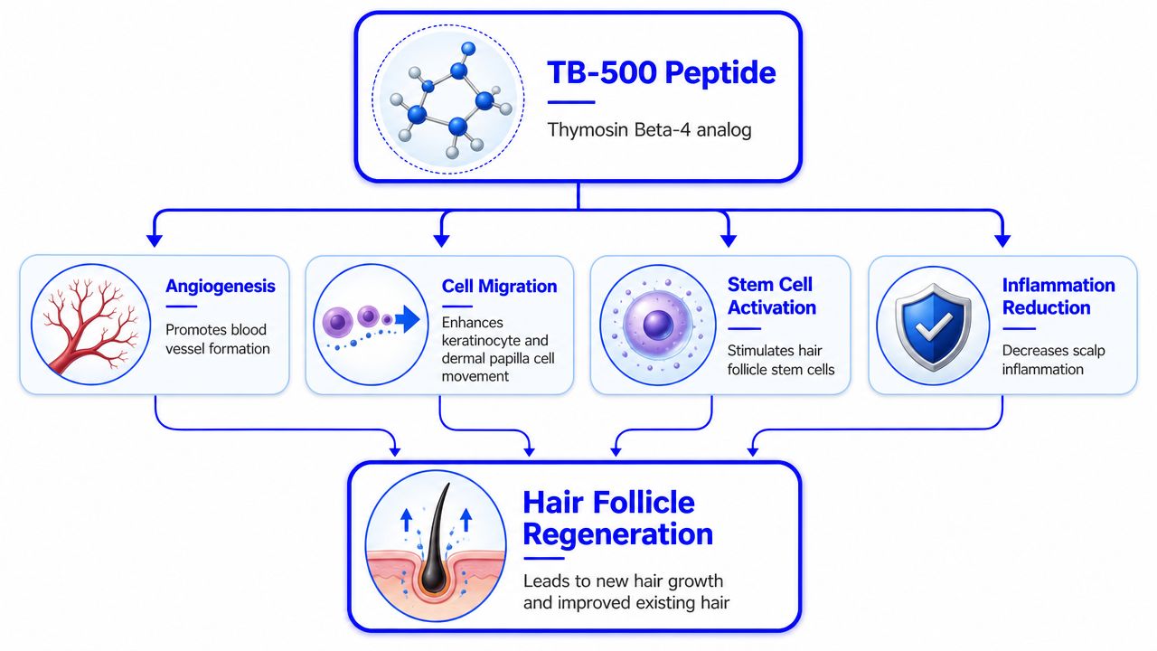 A diagram illustrating how TB-500 peptide supports hair follicle regeneration through multiple biological pathways.