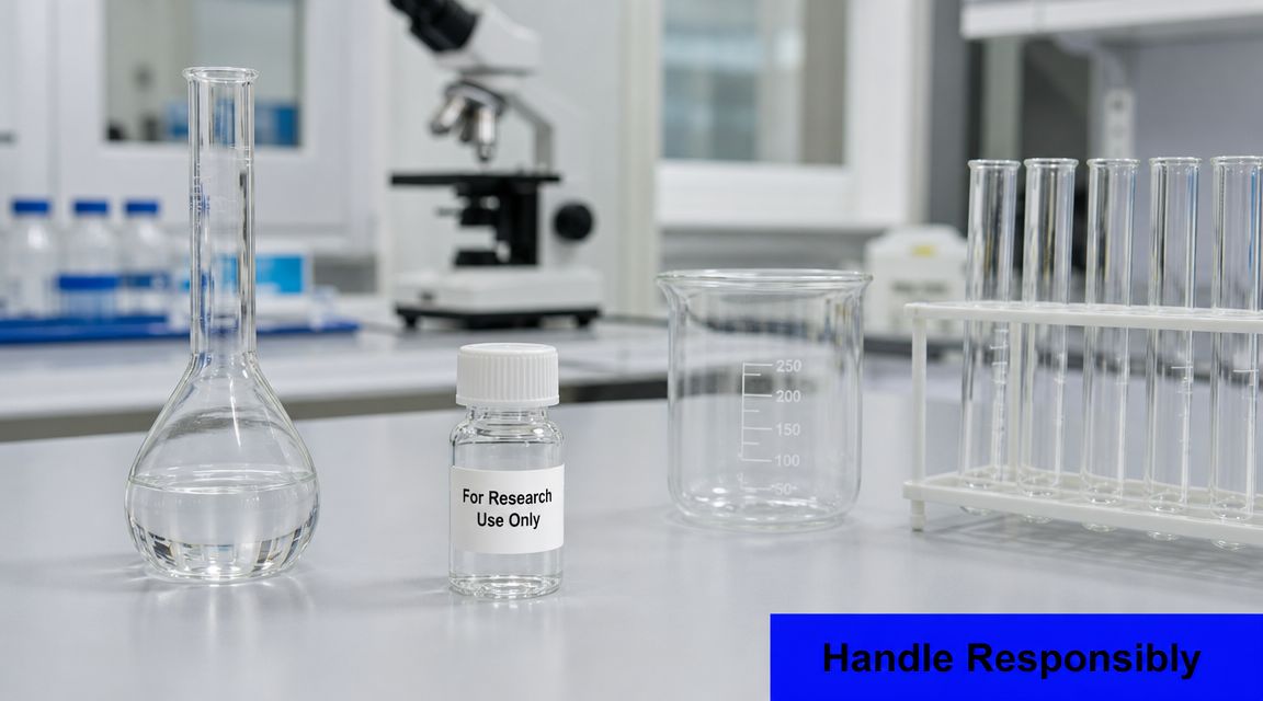 A laboratory table with a volumetric flask, research vial, beaker, and test tubes on a workspace.