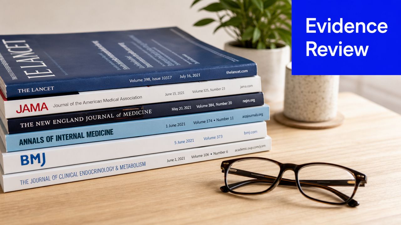 A stack of prestigious medical journals on a wooden table next to a pair of eyeglasses.