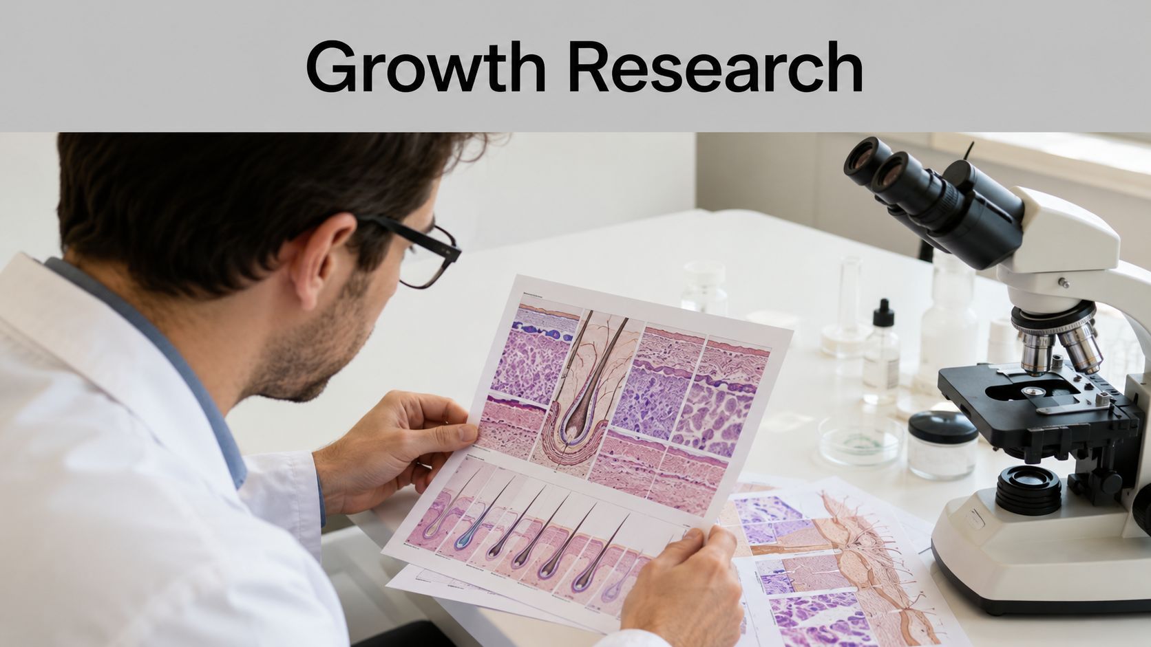 A doctor in a lab coat examining medical diagrams of hair follicles and skin tissue research.