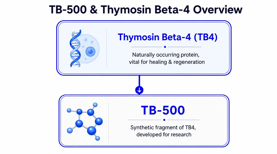 A diagram comparing Thymosin Beta-4 as a natural protein and TB-500 as its synthetic research fragment.