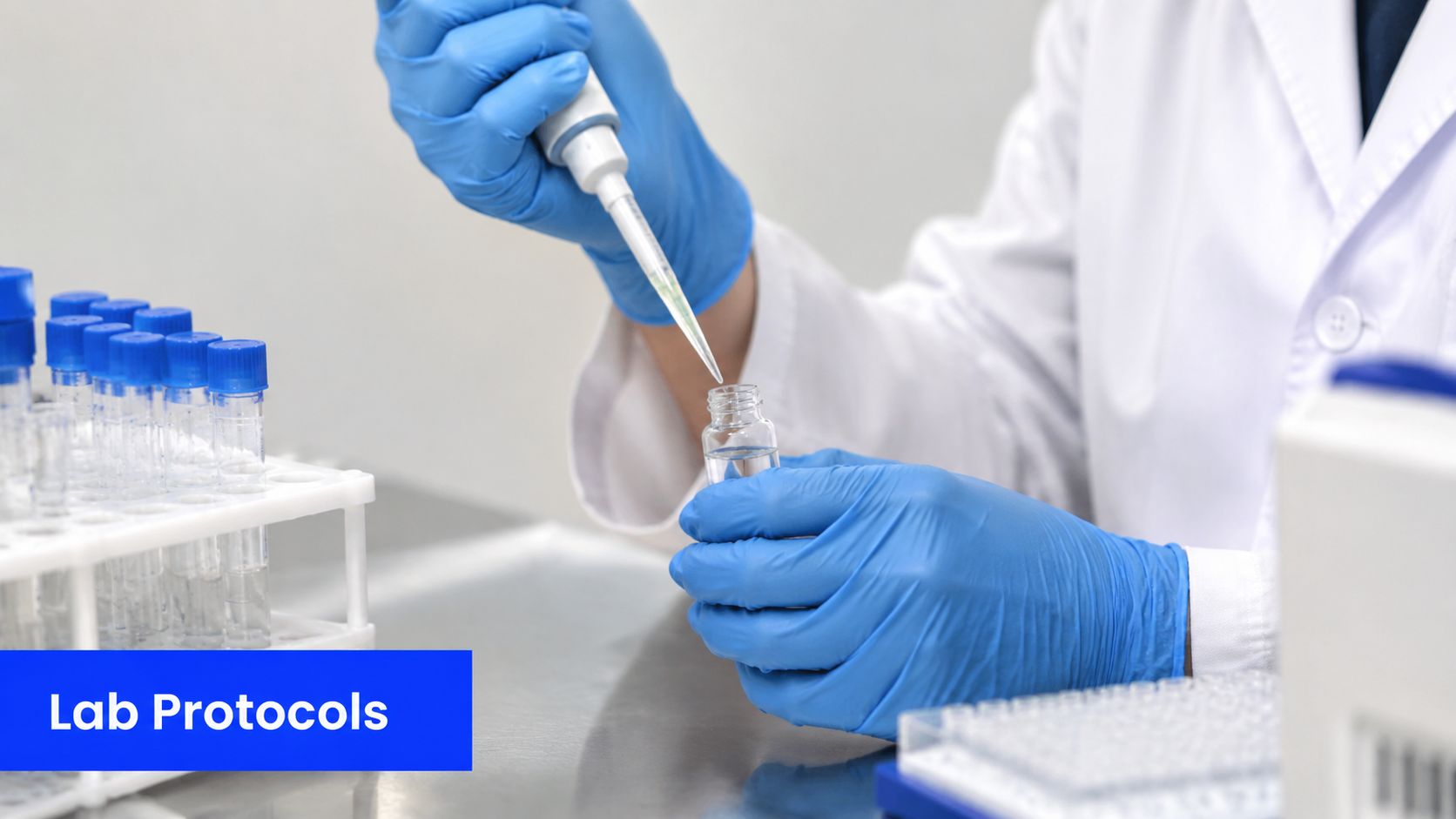 A laboratory technician in a white coat wearing blue gloves using a pipette to transfer liquid samples.
