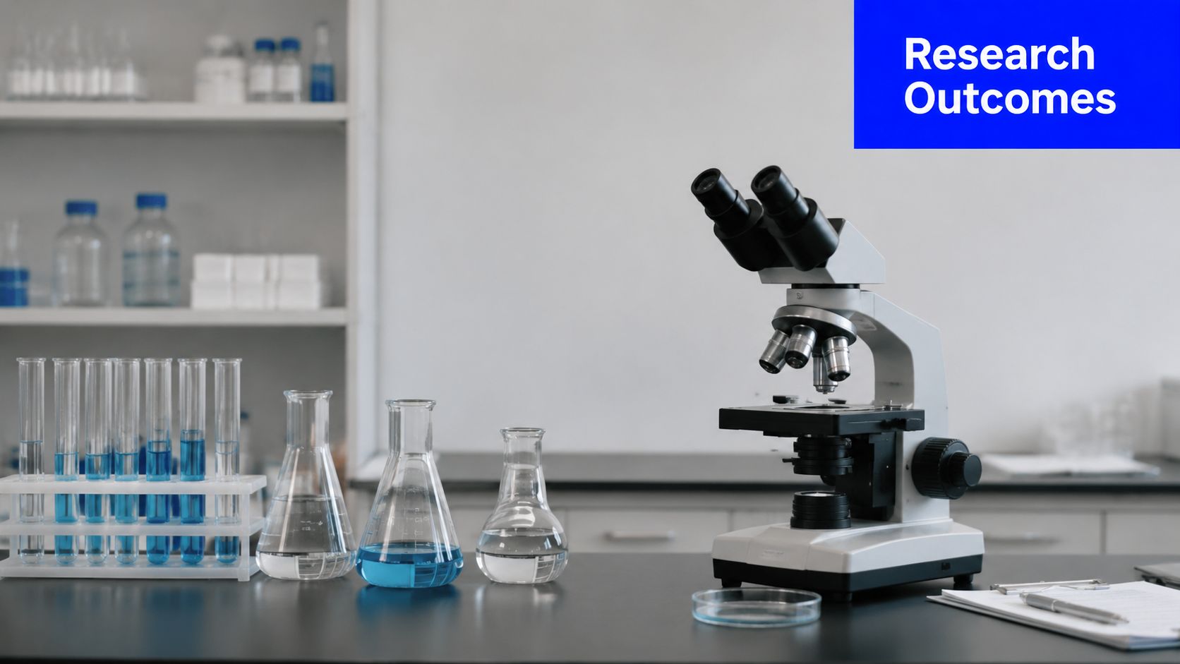 A laboratory table featuring a microscope, chemical flasks, and test tubes filled with blue liquid.