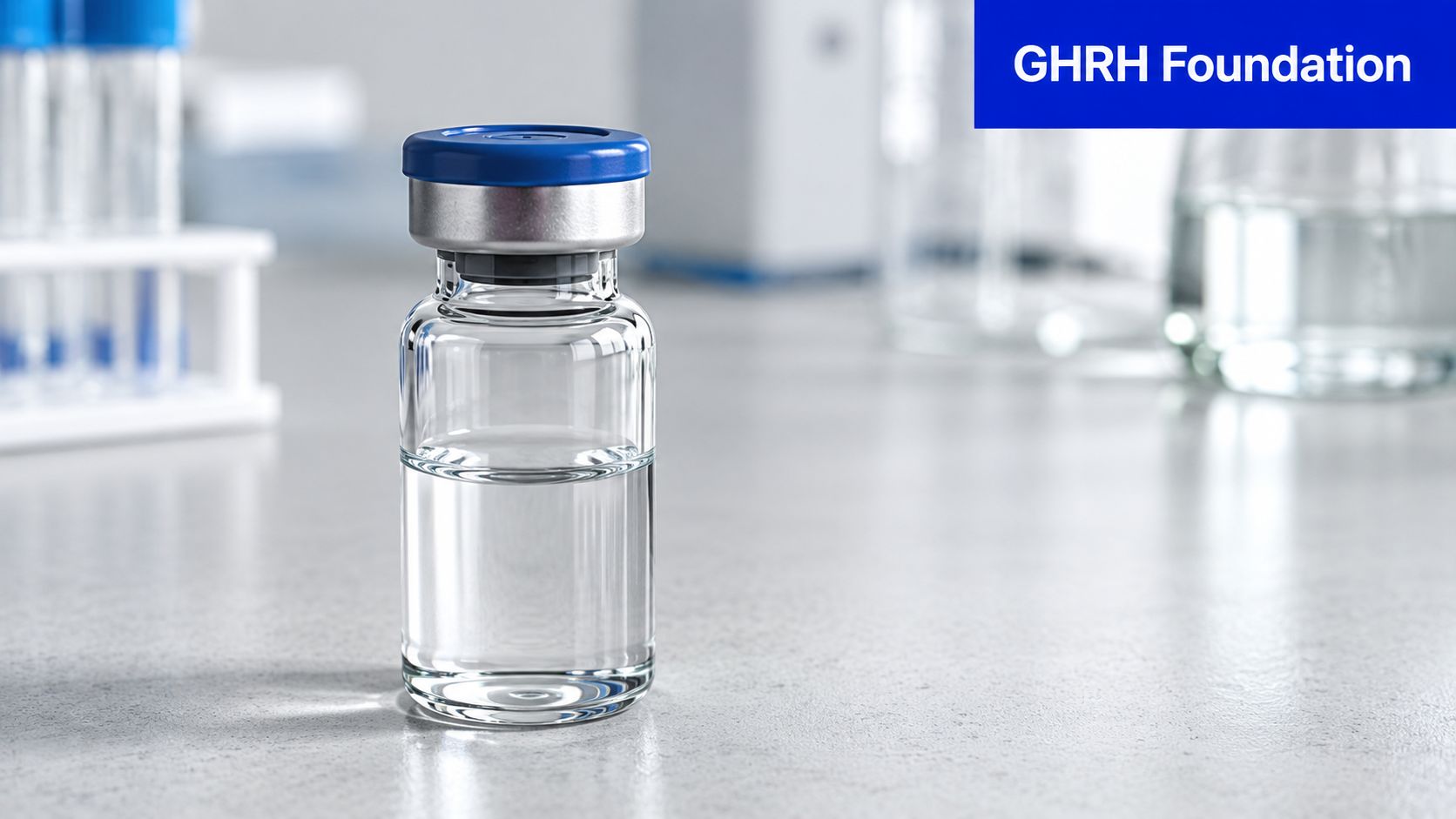 A clear medical glass vial with a blue cap sits on a grey laboratory surface.