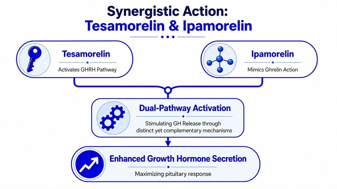 A diagram illustrating the synergistic mechanism of Tesamorelin and Ipamorelin for enhanced growth hormone secretion.