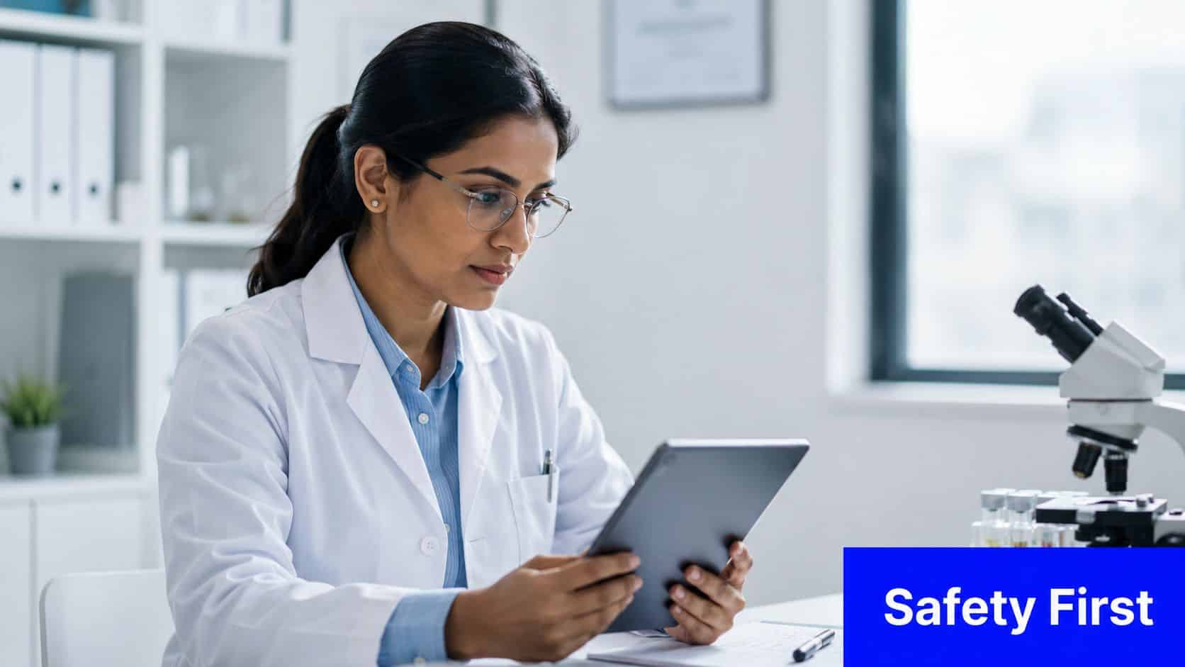 A female doctor in a lab coat using a tablet computer while working in a laboratory setting.