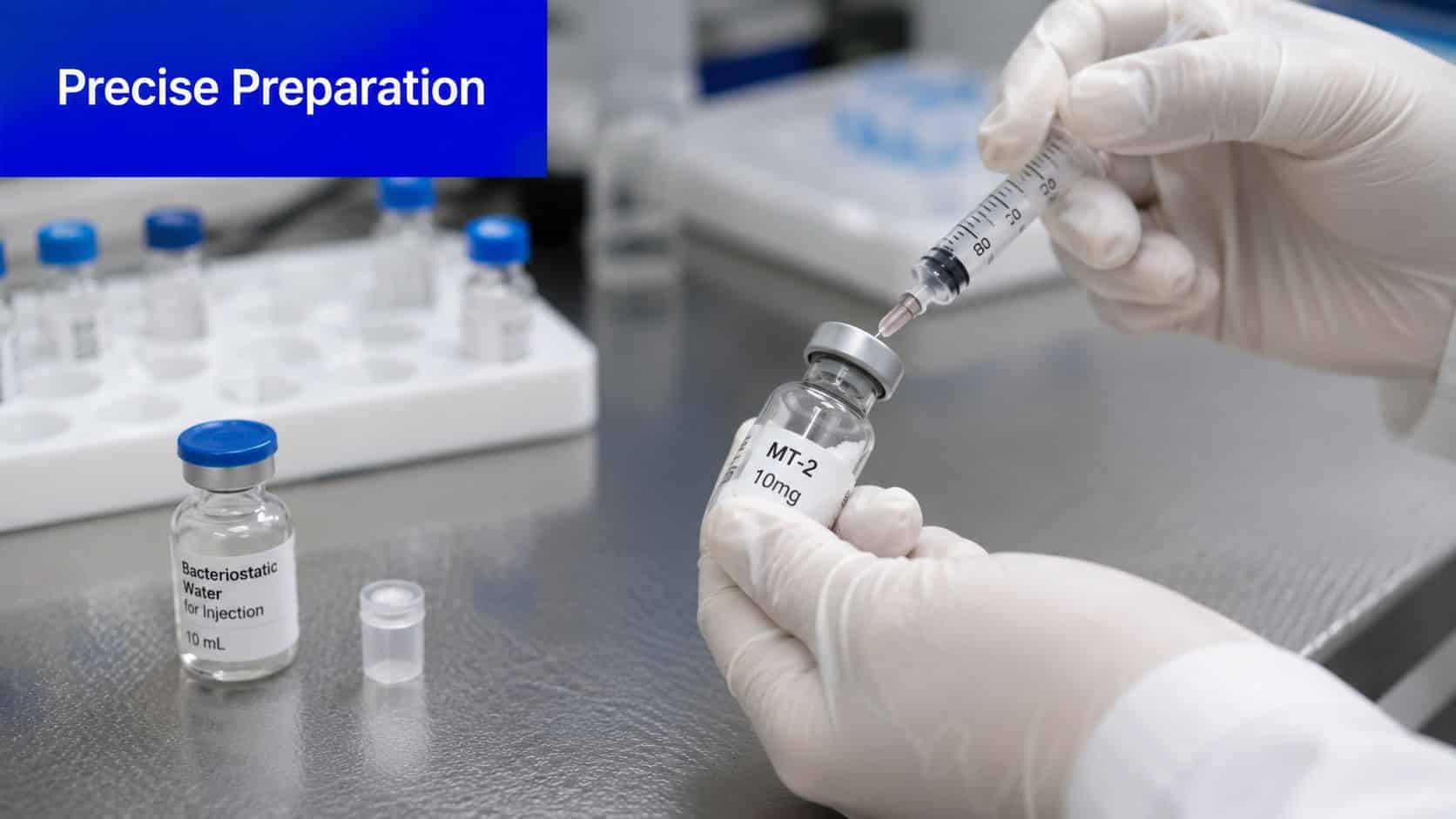A lab technician in gloves prepares a peptide injection using a syringe and a vial labeled MT-2.