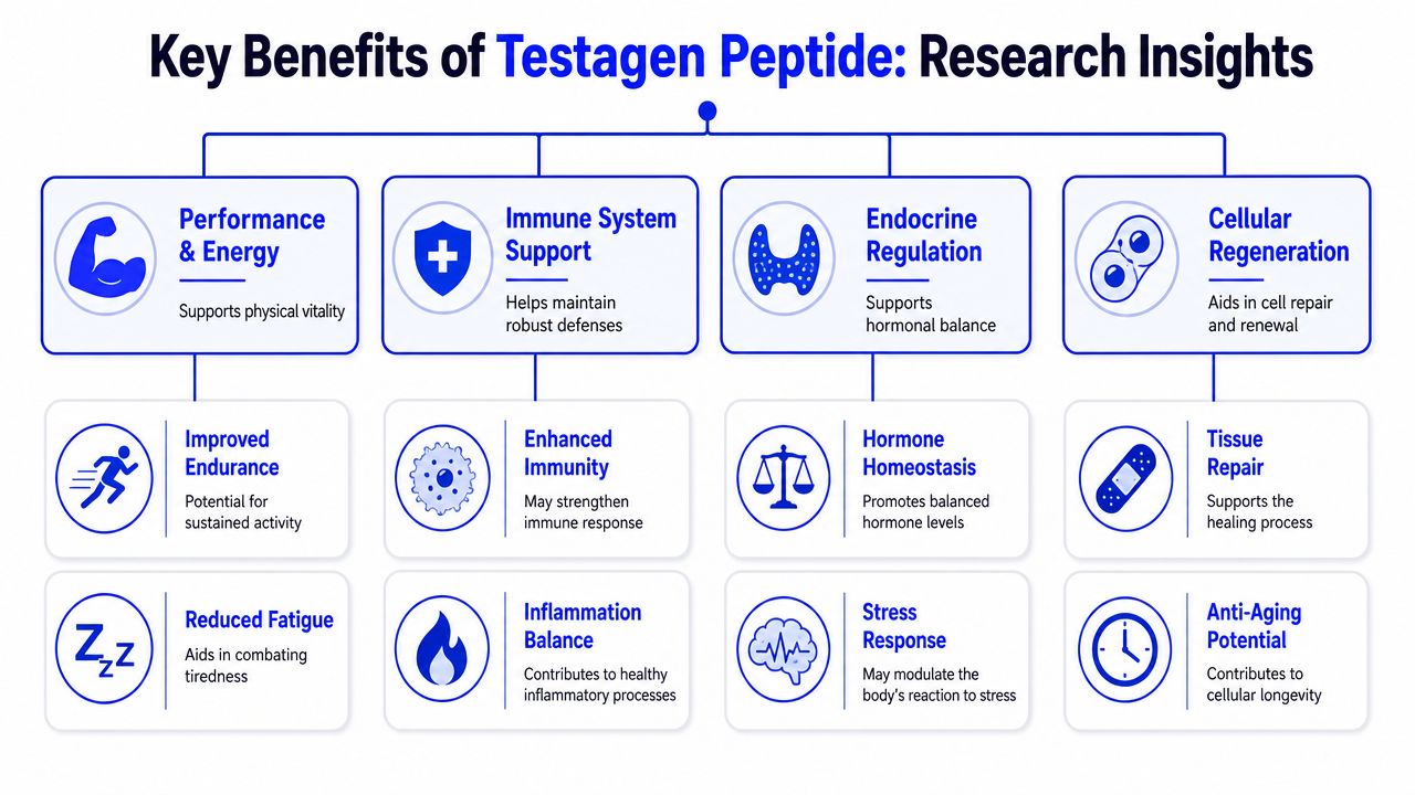A diagram outlining the potential health benefits of Testagen peptide, covering energy, immunity, hormones, and regeneration.