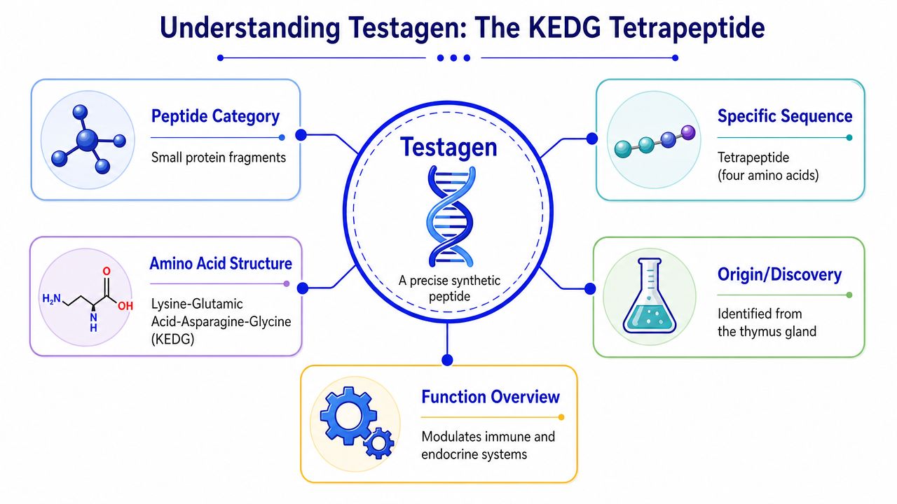 An infographic titled Understanding Testagen describing the KEDG tetrapeptide, its structure, origin, and functional overview.