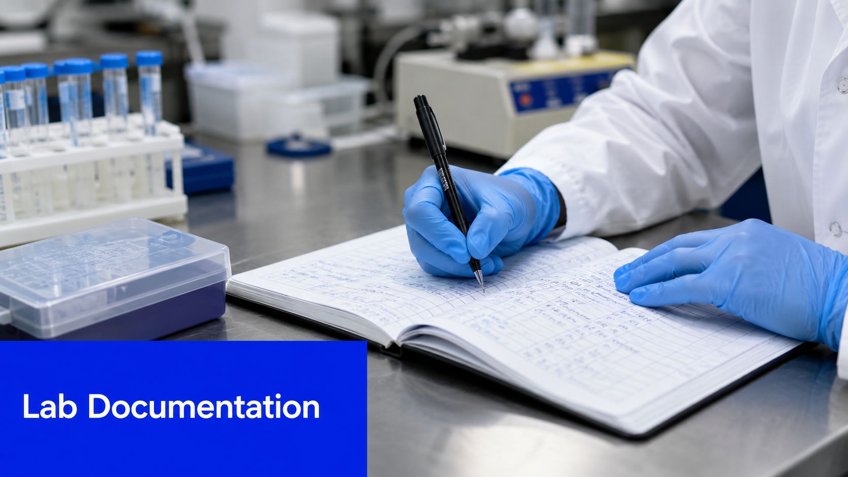 A laboratory scientist wearing blue gloves writes experimental notes into a journal while at a workstation.