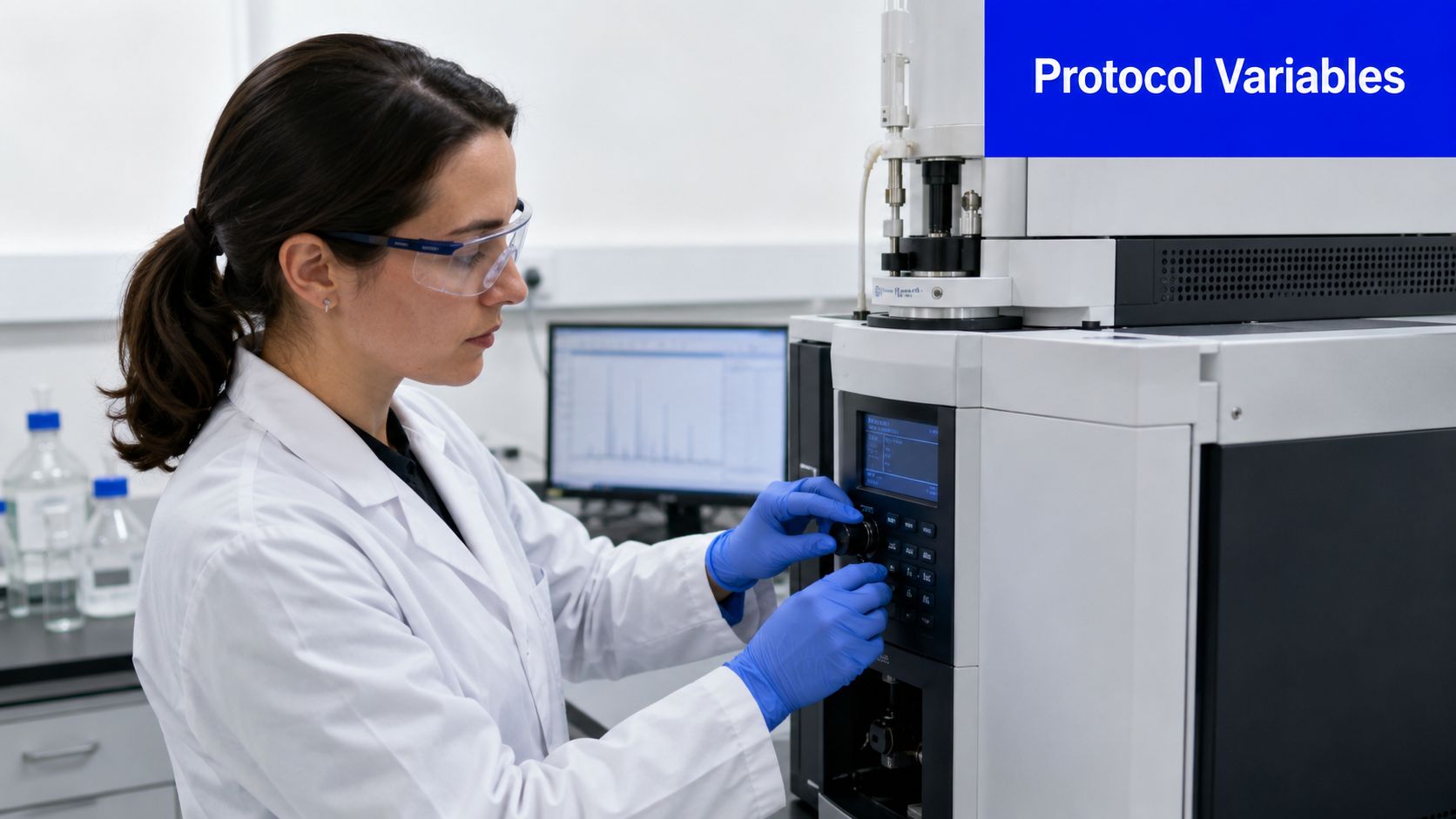 A female scientist in a lab coat and safety goggles adjusting a high-tech chromatography instrument in a laboratory.