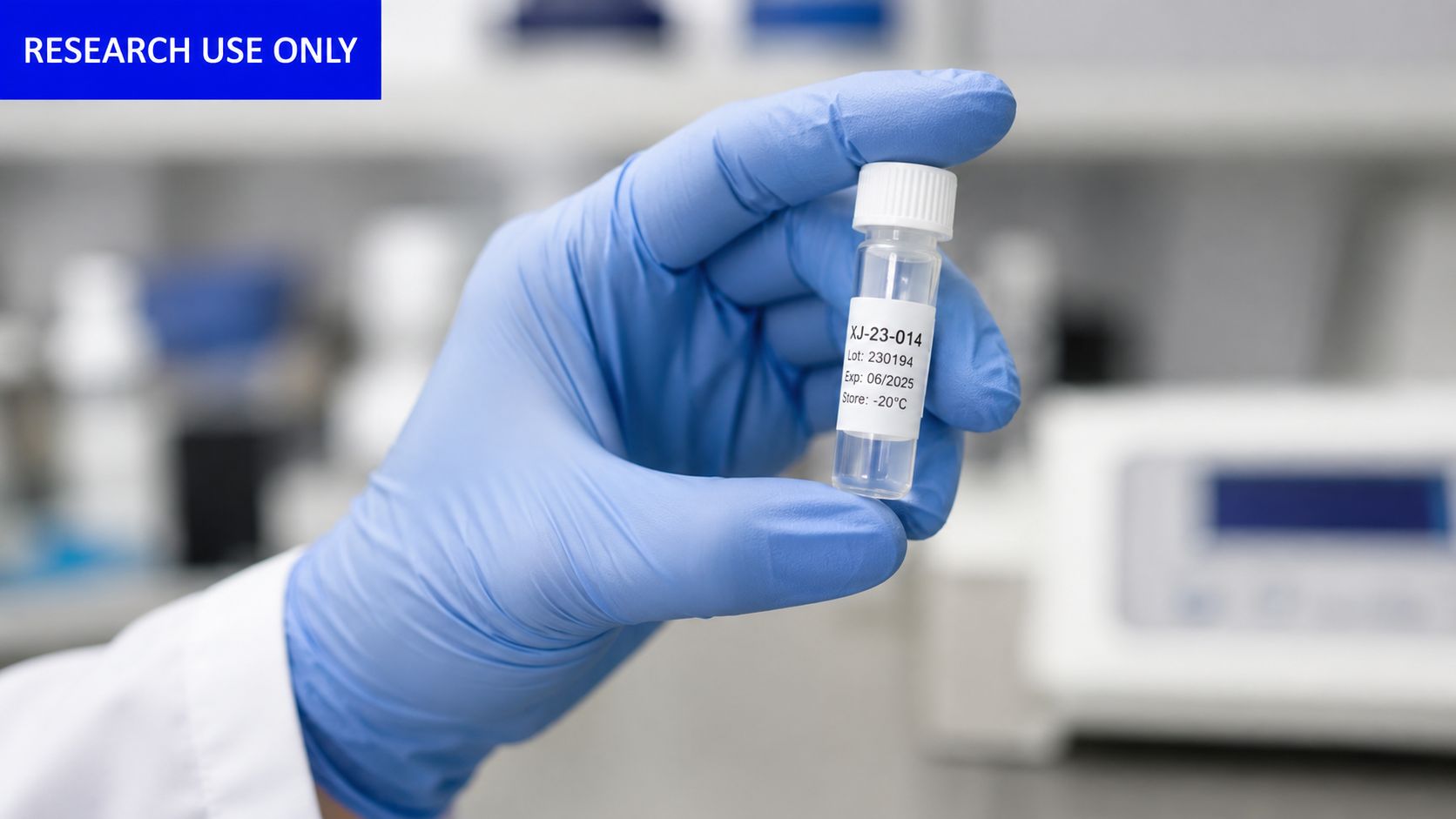 A gloved hand holding a laboratory vial labeled with experiment code, lot number, and expiration date.