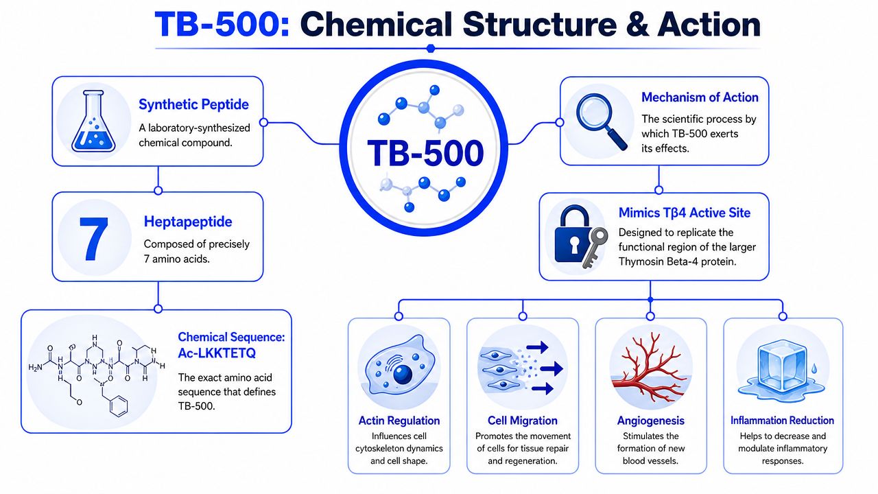 A detailed infographic explaining the chemical structure, sequence, and biological mechanisms of the synthetic peptide TB-500.