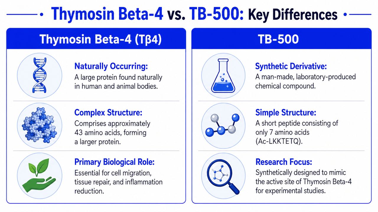 A comparison chart outlining the key differences between the naturally occurring protein Thymosin Beta-4 and synthetic TB-500 peptide.