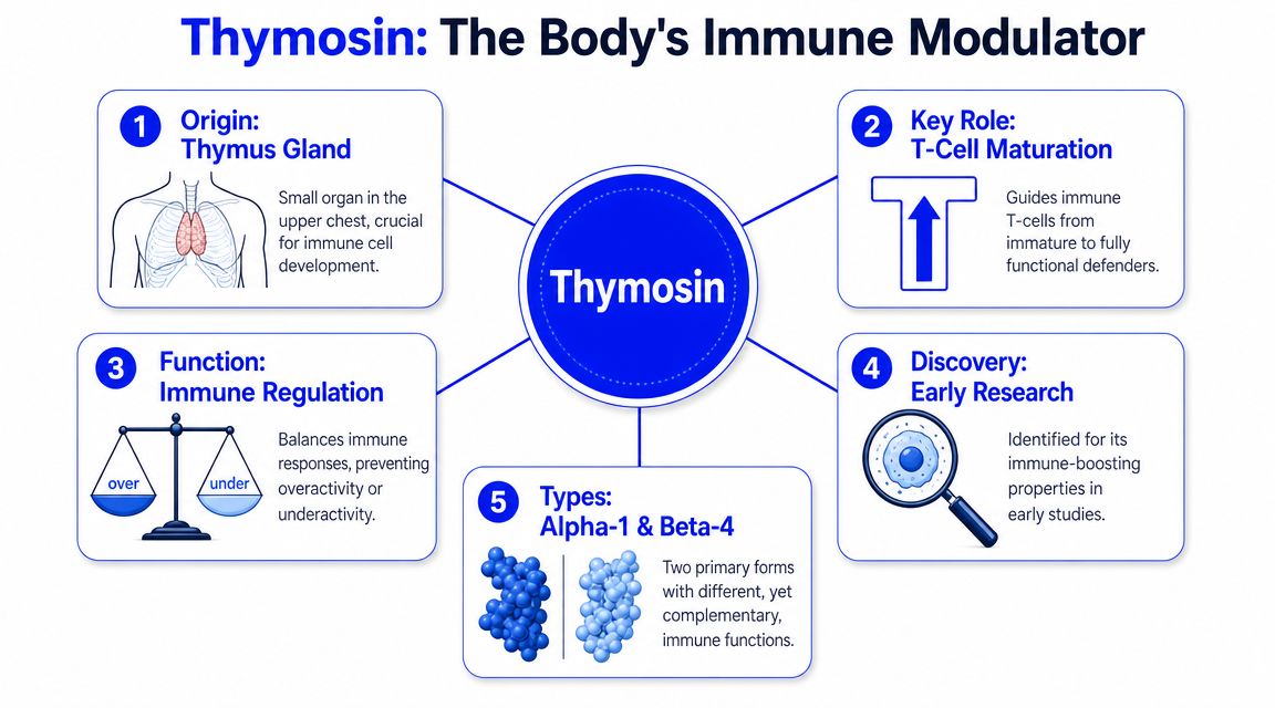 An infographic diagram explaining the function, origin, and types of the immune modulator hormone called Thymosin.