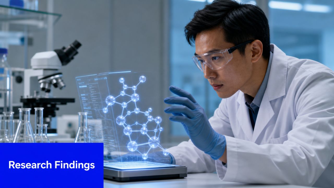 A male scientist in a lab coat examining a 3D digital molecular structure on a glass display.