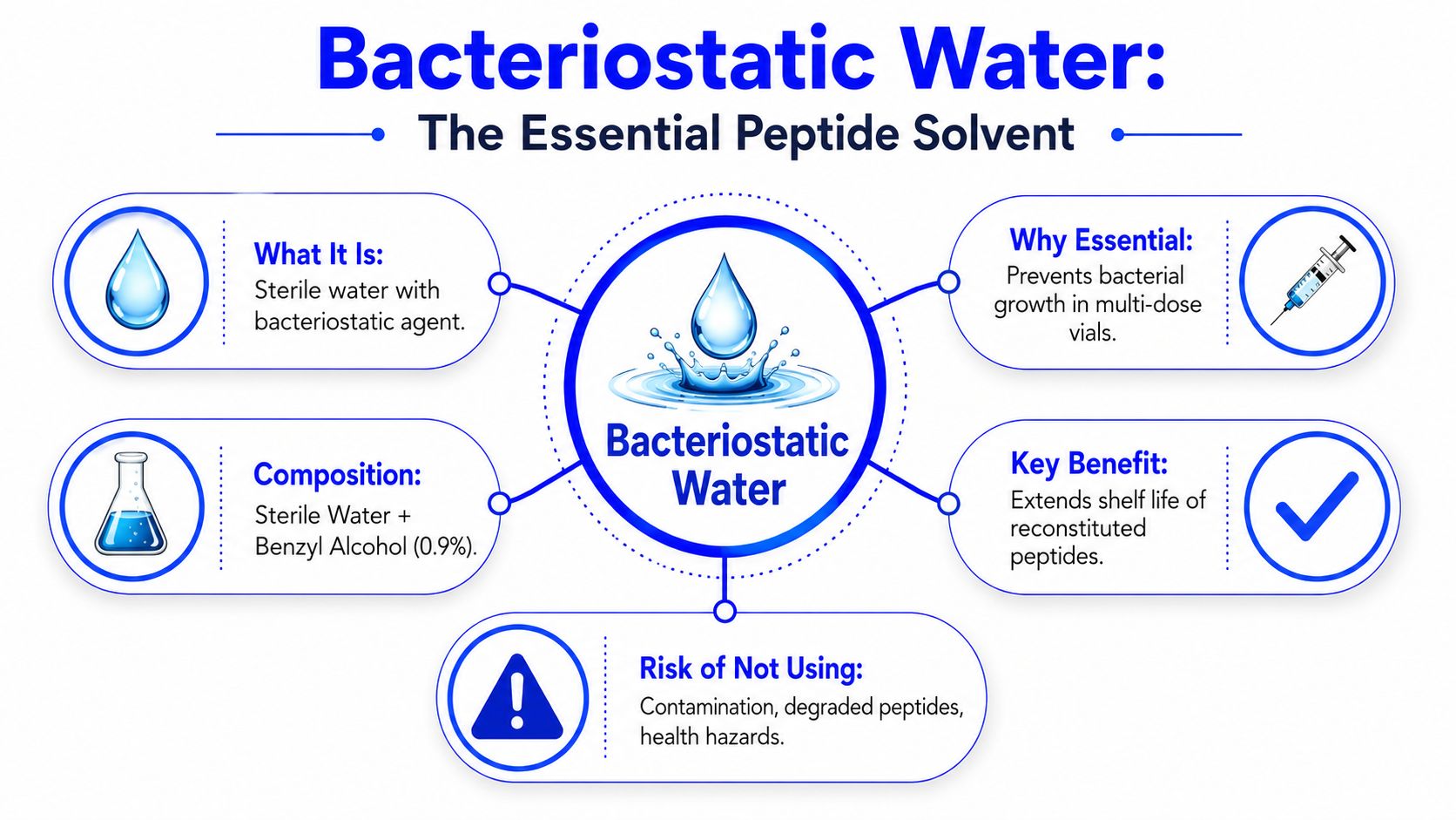 An infographic explaining that bacteriostatic water is sterile water with 0.9% benzyl alcohol used for peptides.