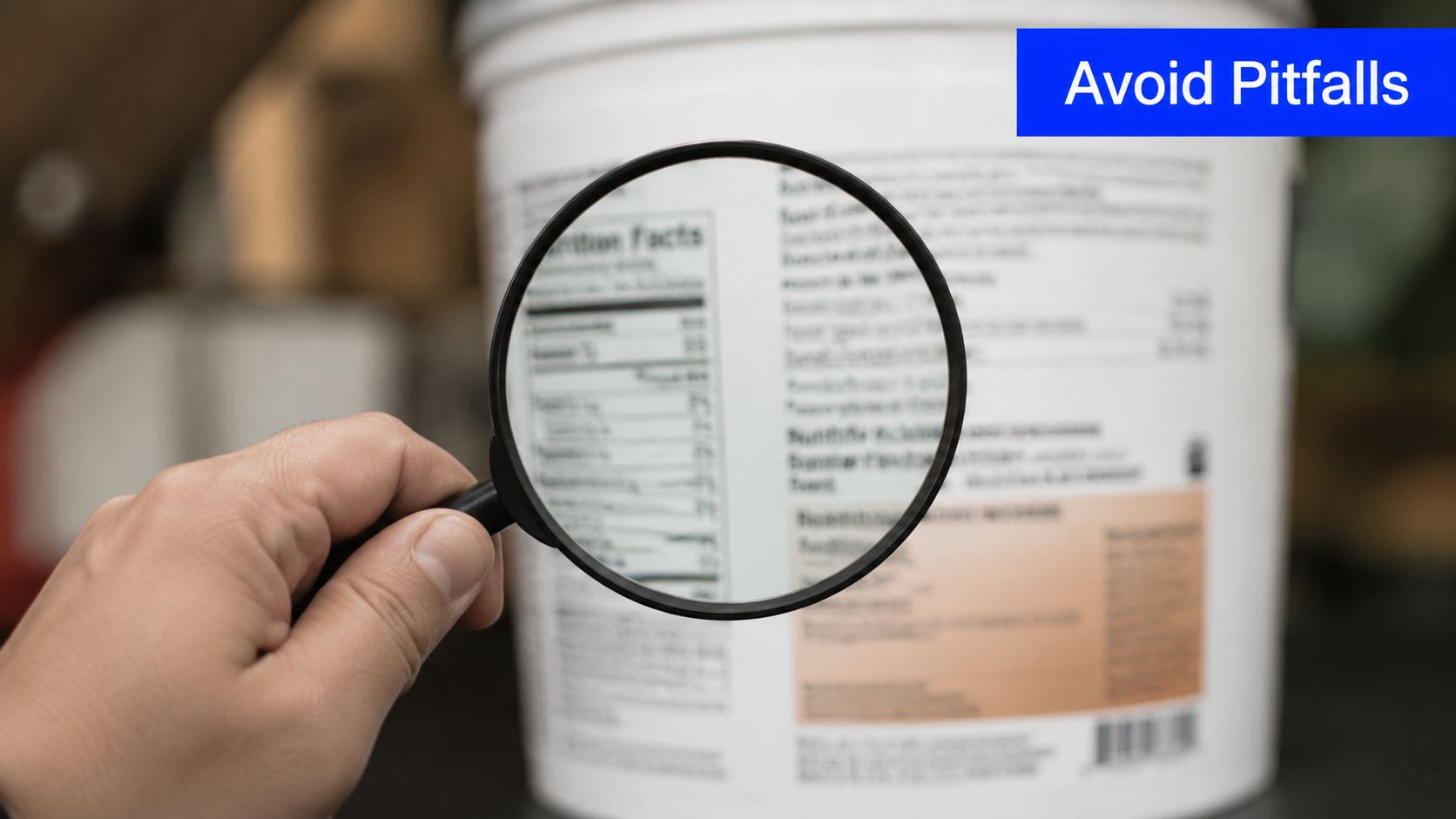 A hand holds a magnifying glass over a nutrition facts label on a product container.