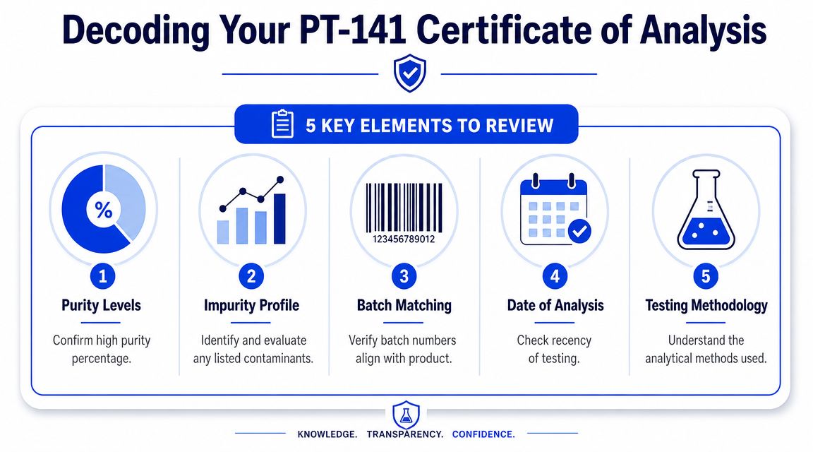 An infographic titled Decoding Your PT-141 Certificate of Analysis, showing five key elements for checking quality.