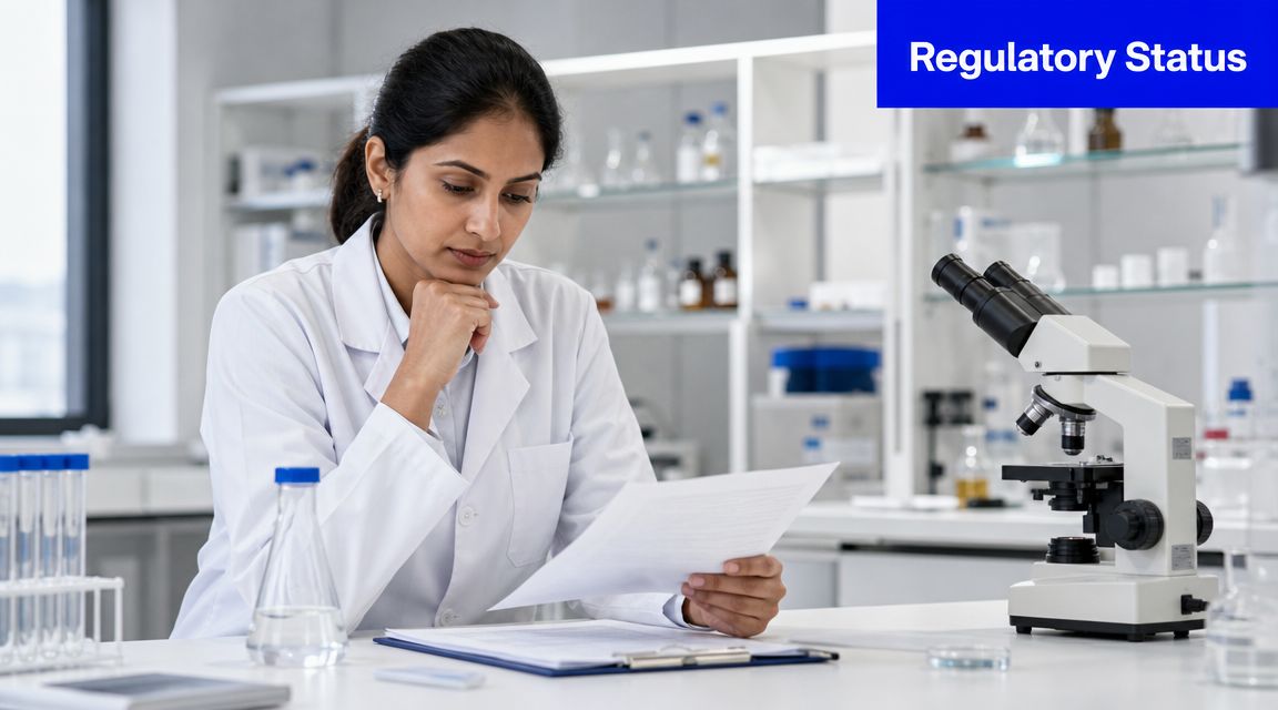 A female scientist in a white coat reviewing documents in a modern laboratory setting with a microscope.