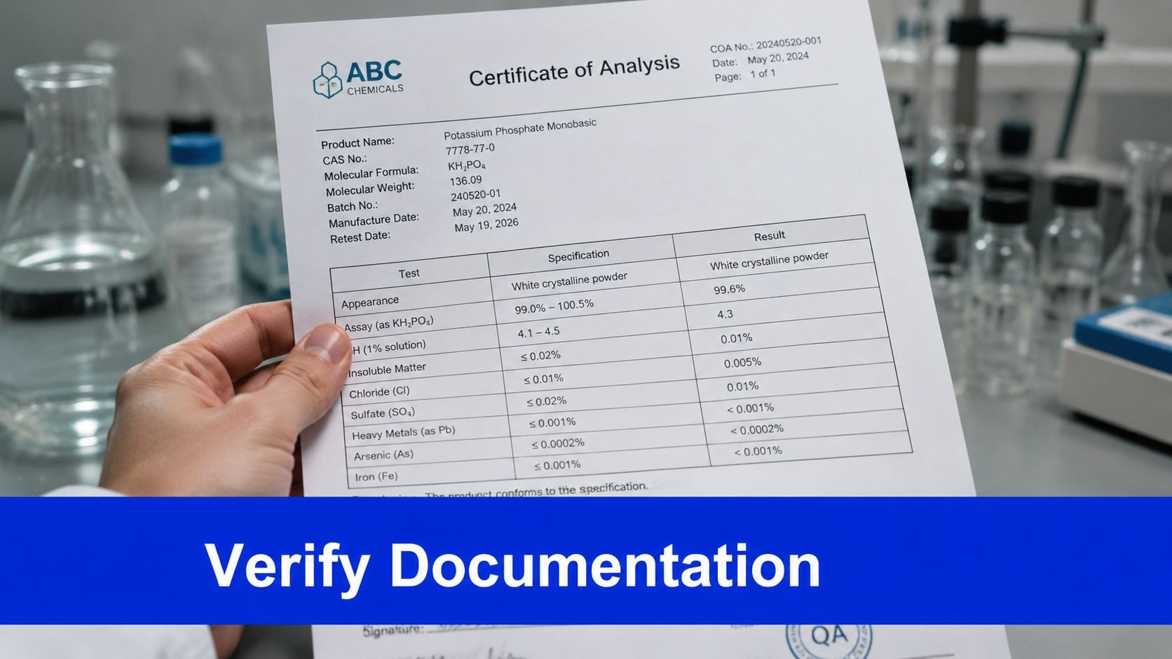 A scientist holds a Certificate of Analysis document for Potassium Phosphate Monobasic in a laboratory setting.