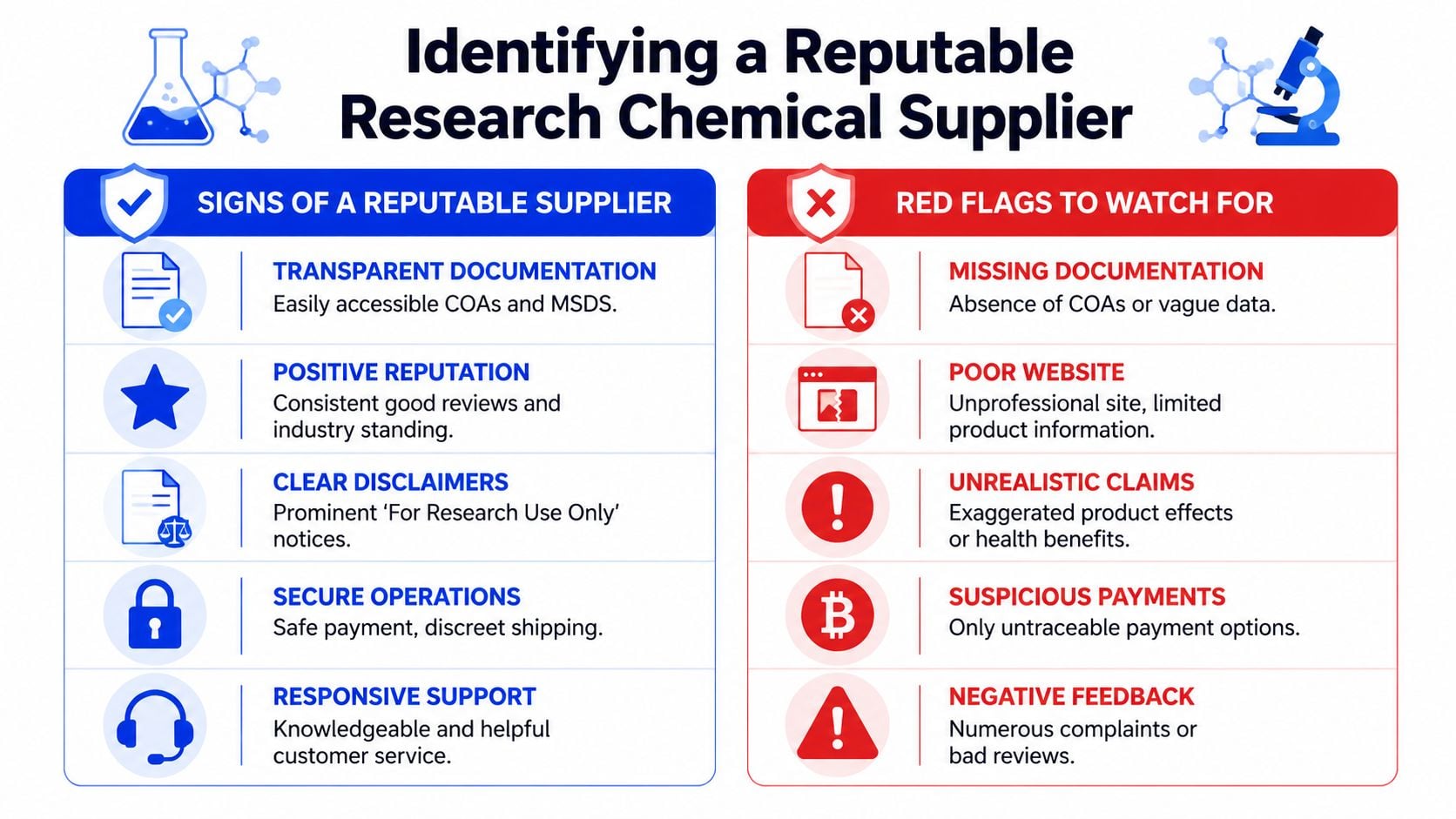 An infographic showing how to identify a reputable research chemical supplier versus potential red flags.