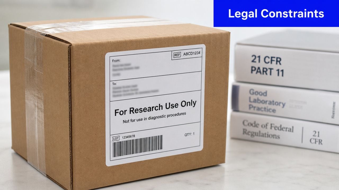 A shipping box labeled for research use only sitting next to books on legal regulatory compliance.