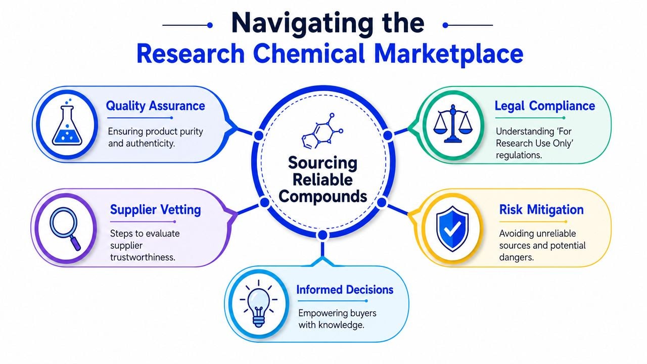 A diagram outlining key considerations for safely and reliably sourcing chemicals in the research marketplace.