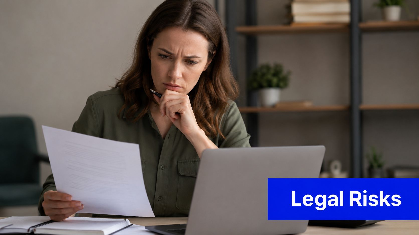 A concerned woman analyzing legal documents while working on a laptop at her desk.
