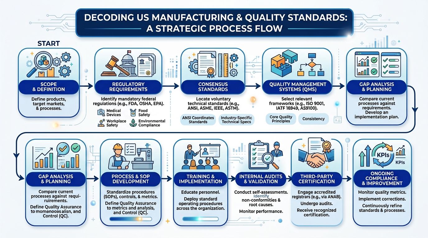 A strategic flowchart illustrating the step-by-step process for decoding US manufacturing and quality standards for businesses.