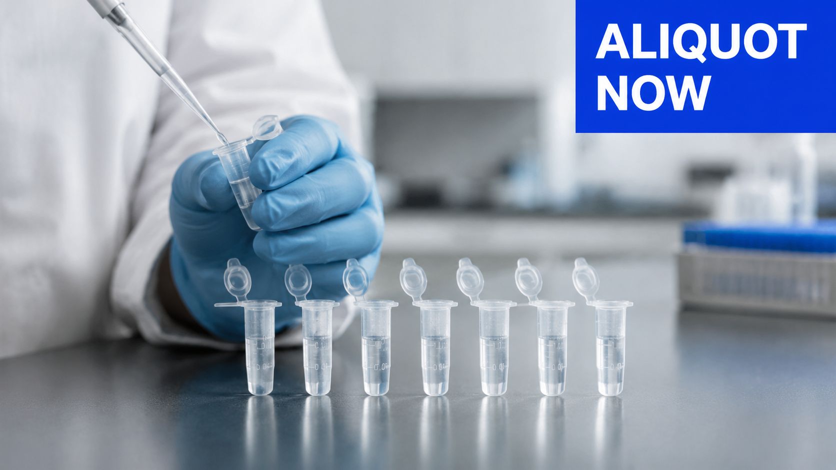 A laboratory scientist wearing blue gloves carefully pipettes liquid into a microcentrifuge tube in a lab setting.