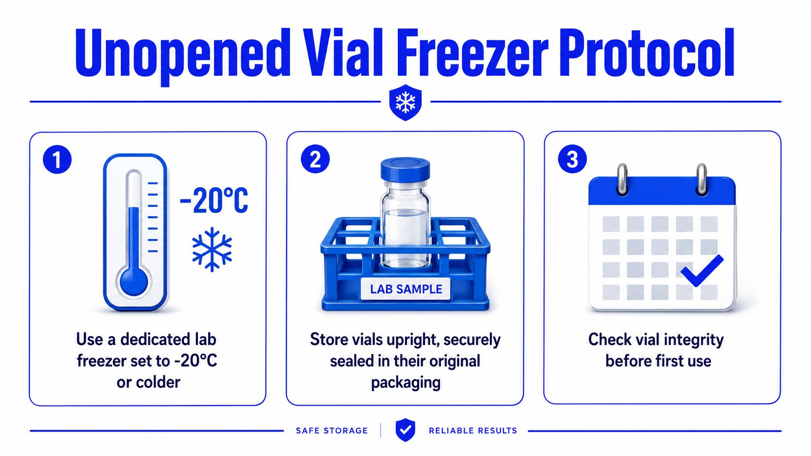 An infographic showing the three-step freezer protocol for storing unopened lab vials at -20 degrees Celsius.