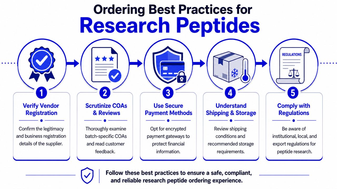 A five-step infographic outlining best practices for safely purchasing and ordering research peptides for scientific study.
