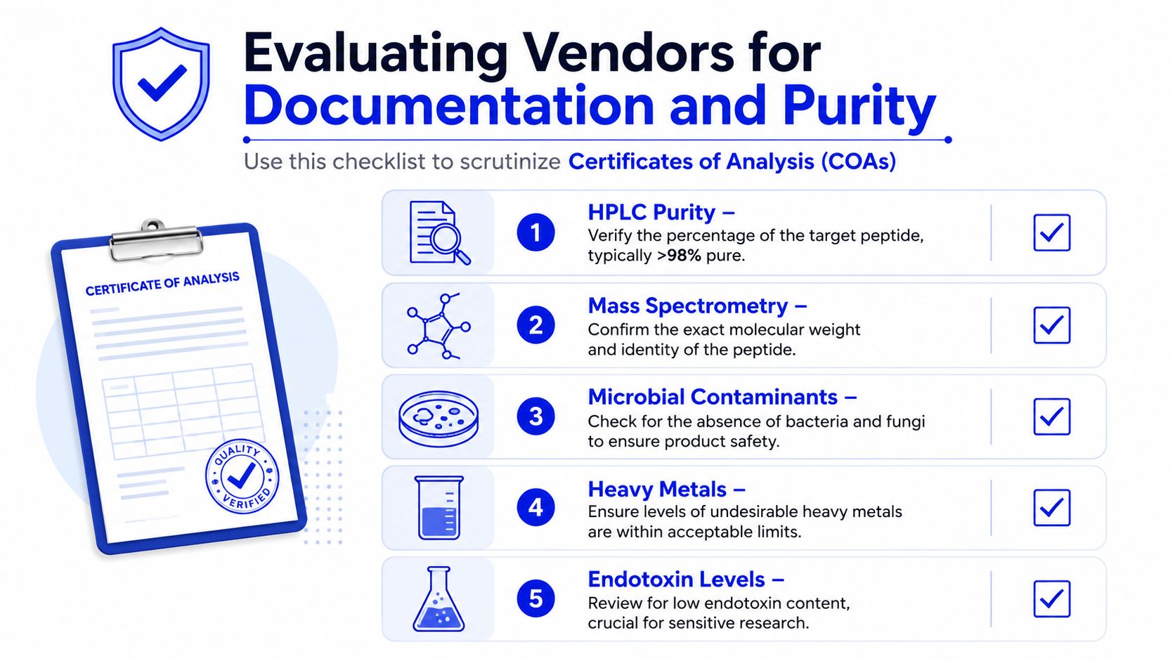 A checklist for evaluating vendor Certificates of Analysis focusing on purity and safety standards for peptides.