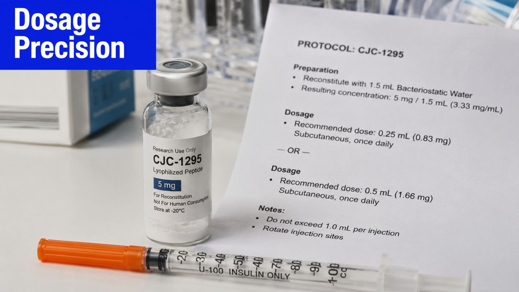A vial of CJC-1295 lyophilized peptide, an insulin syringe, and a dosage protocol instruction sheet.