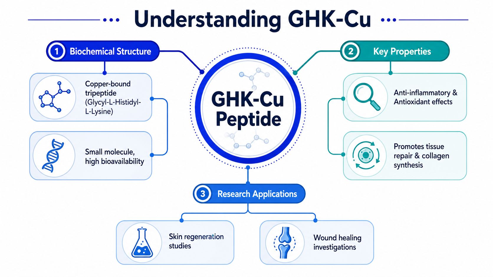 An infographic diagram explaining GHK-Cu peptide, including its structure, key properties, and common research applications.