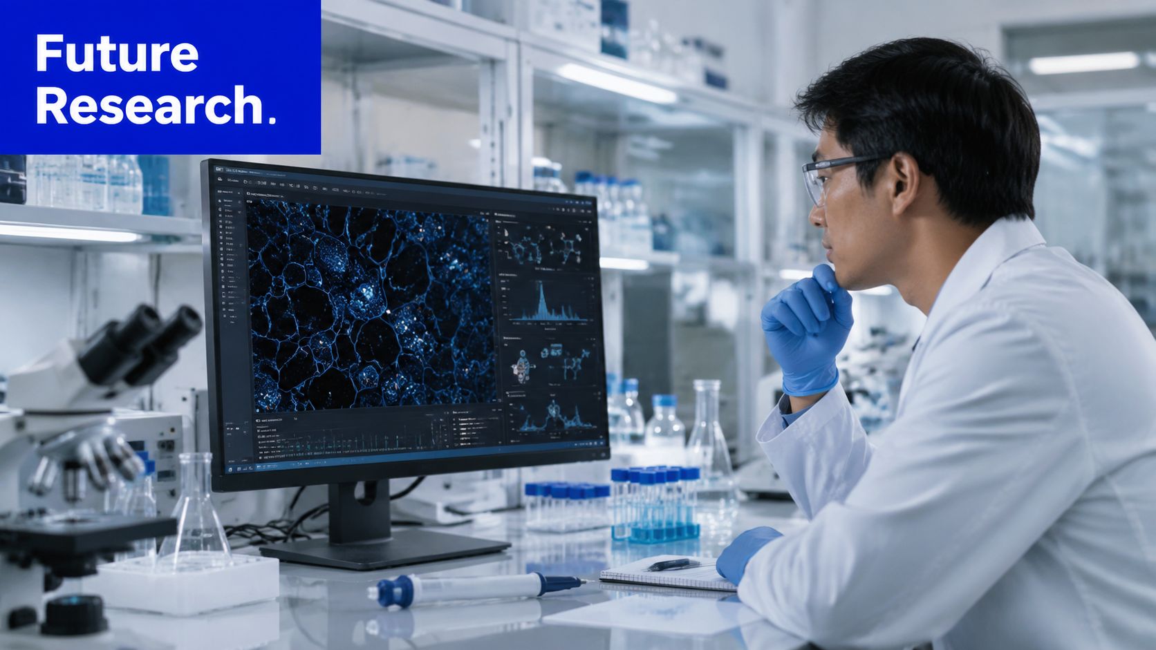 A scientist in a laboratory analyzing cellular microscopic data on a computer monitor to advance medical research.