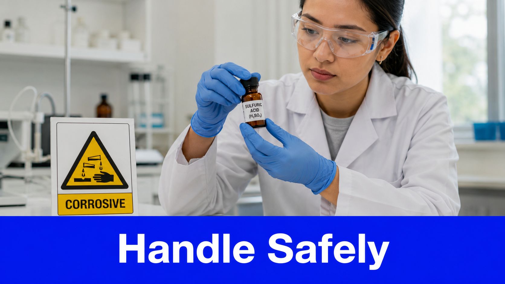A female scientist in a lab coat and safety goggles safely examining a bottle of sulfuric acid.