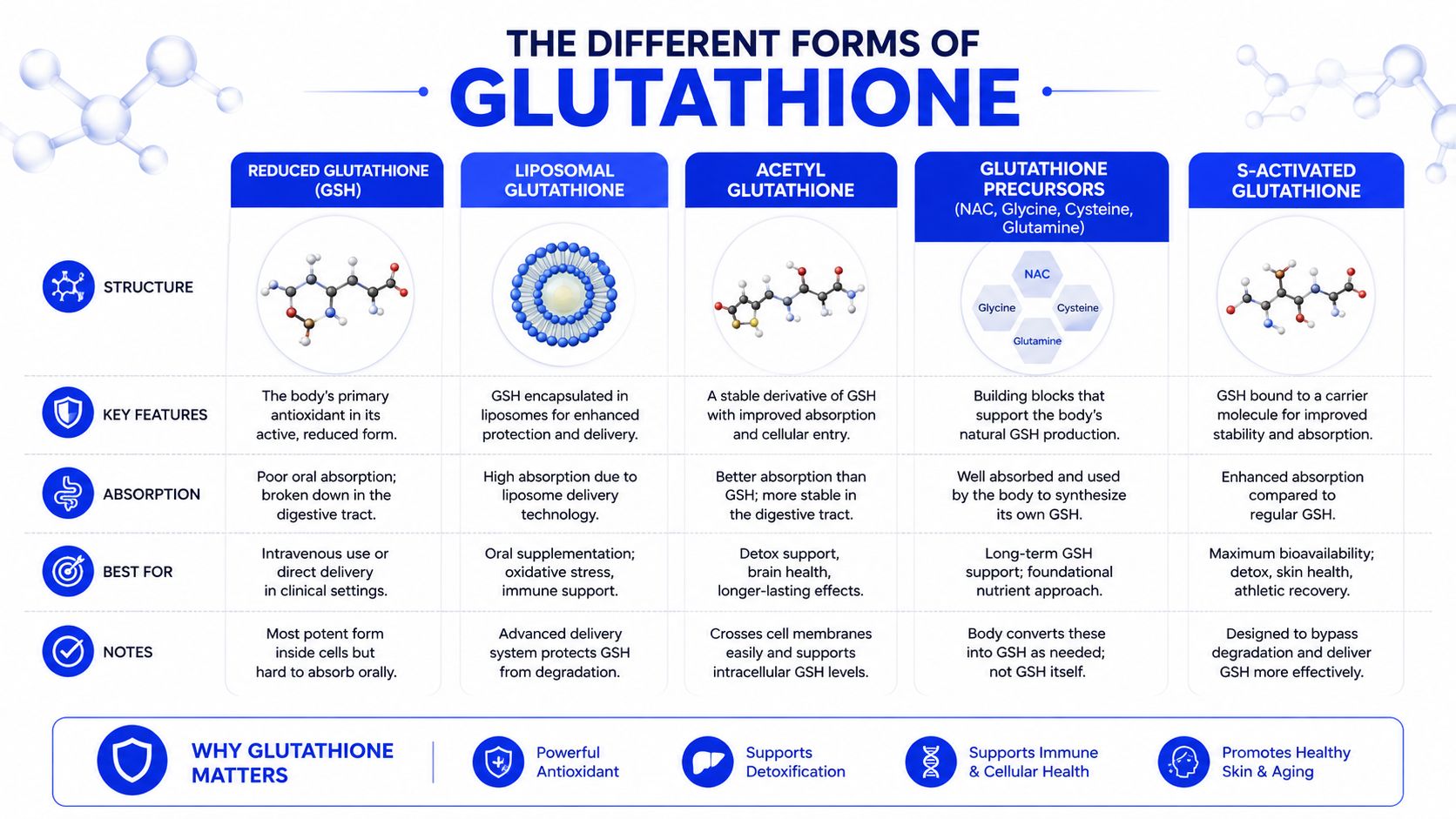 An infographic detailing five different forms of glutathione including their structures, key features, absorption rates, and benefits.