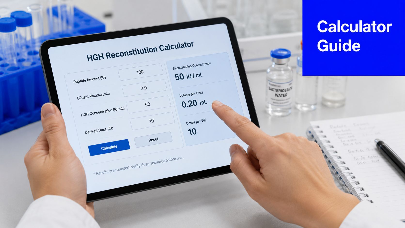 A person using an HGH reconstitution calculator tablet application to determine the correct dosage for medical use.