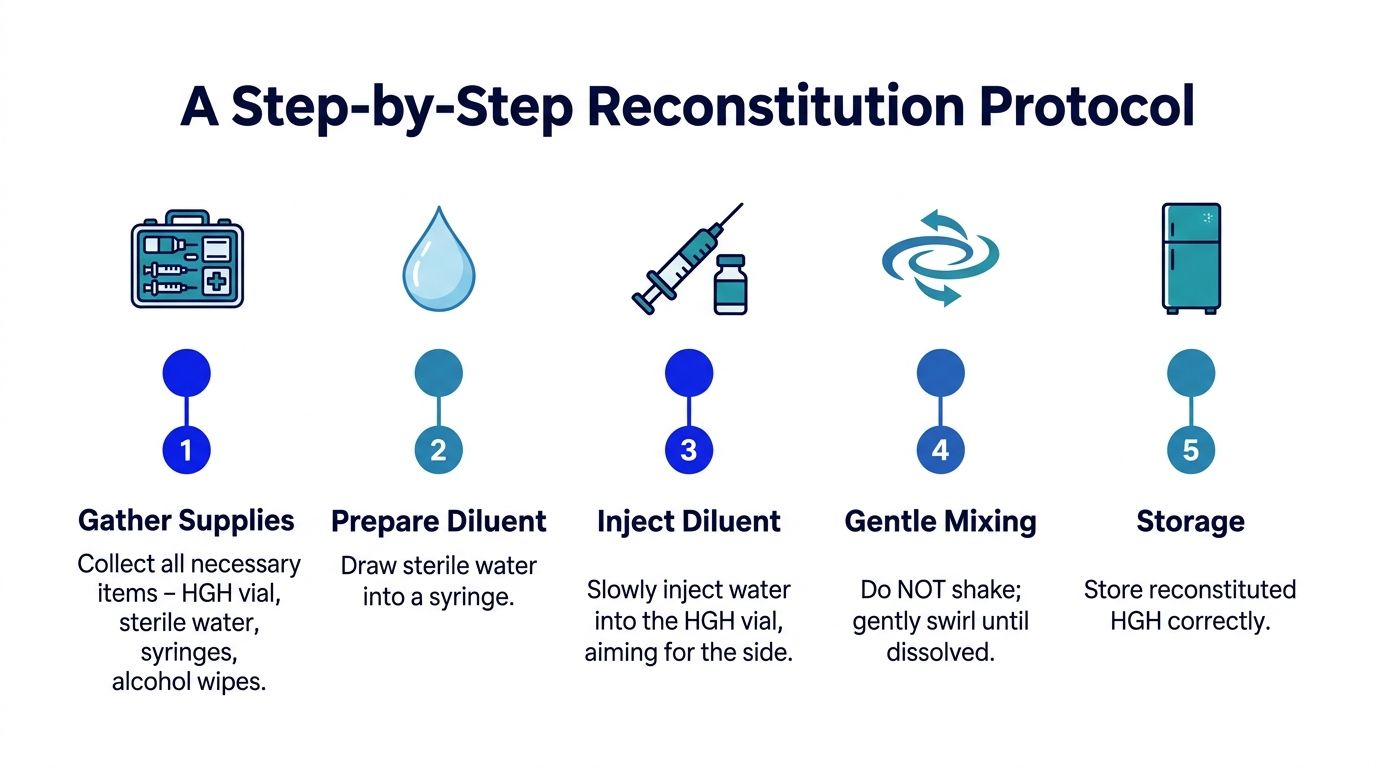 A five-step infographic showing the protocol for the safe reconstitution of HGH, from preparation to final storage.