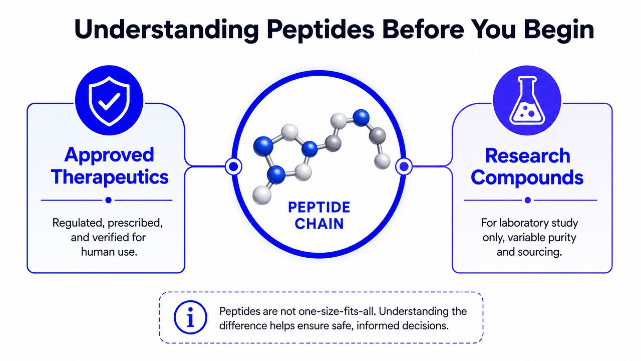 An infographic distinguishing between regulated, approved therapeutics and research-grade peptides for laboratory study purposes.