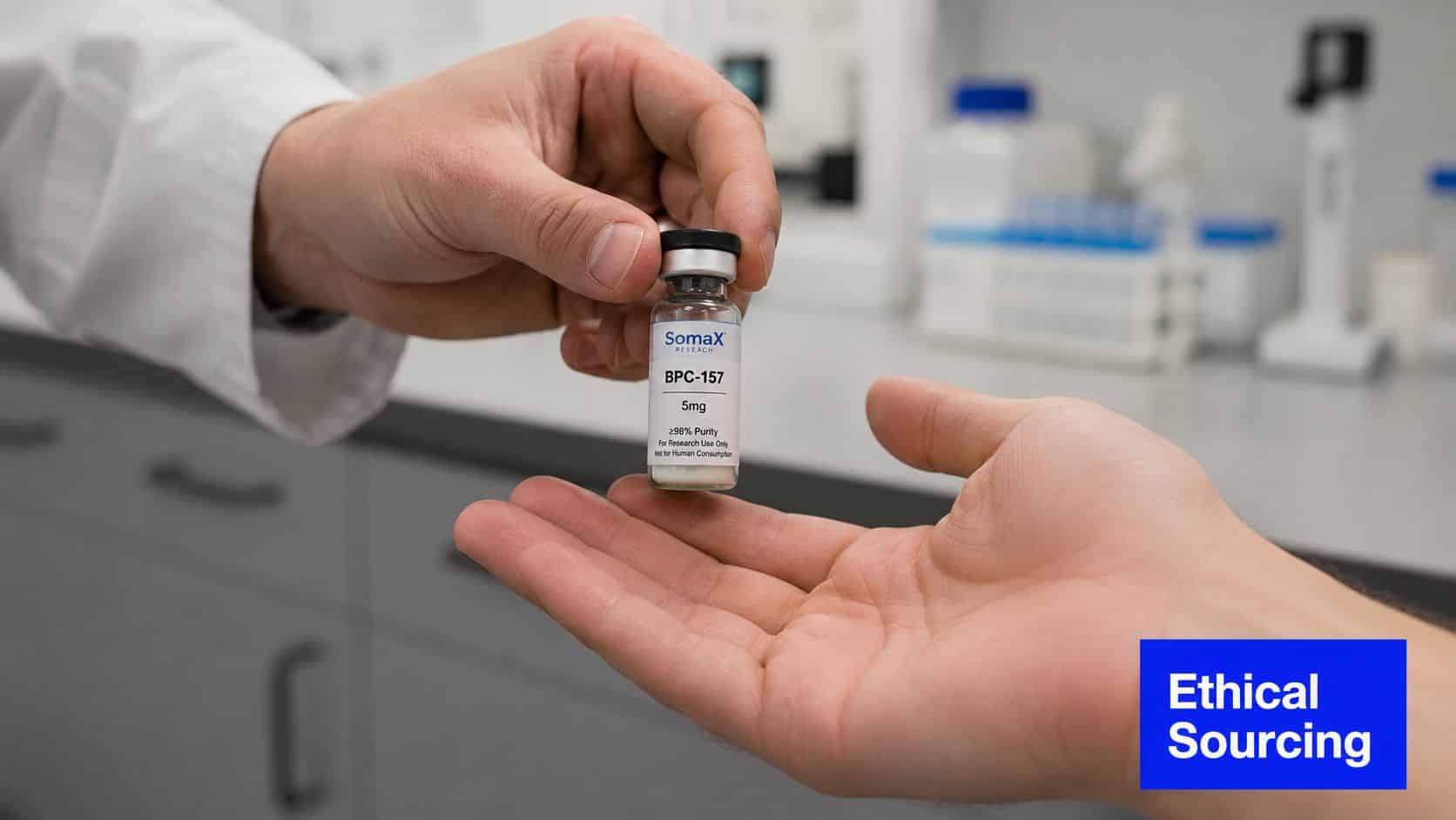 A scientist in a lab coat handing a small BPC-157 research peptide vial to another person's palm.