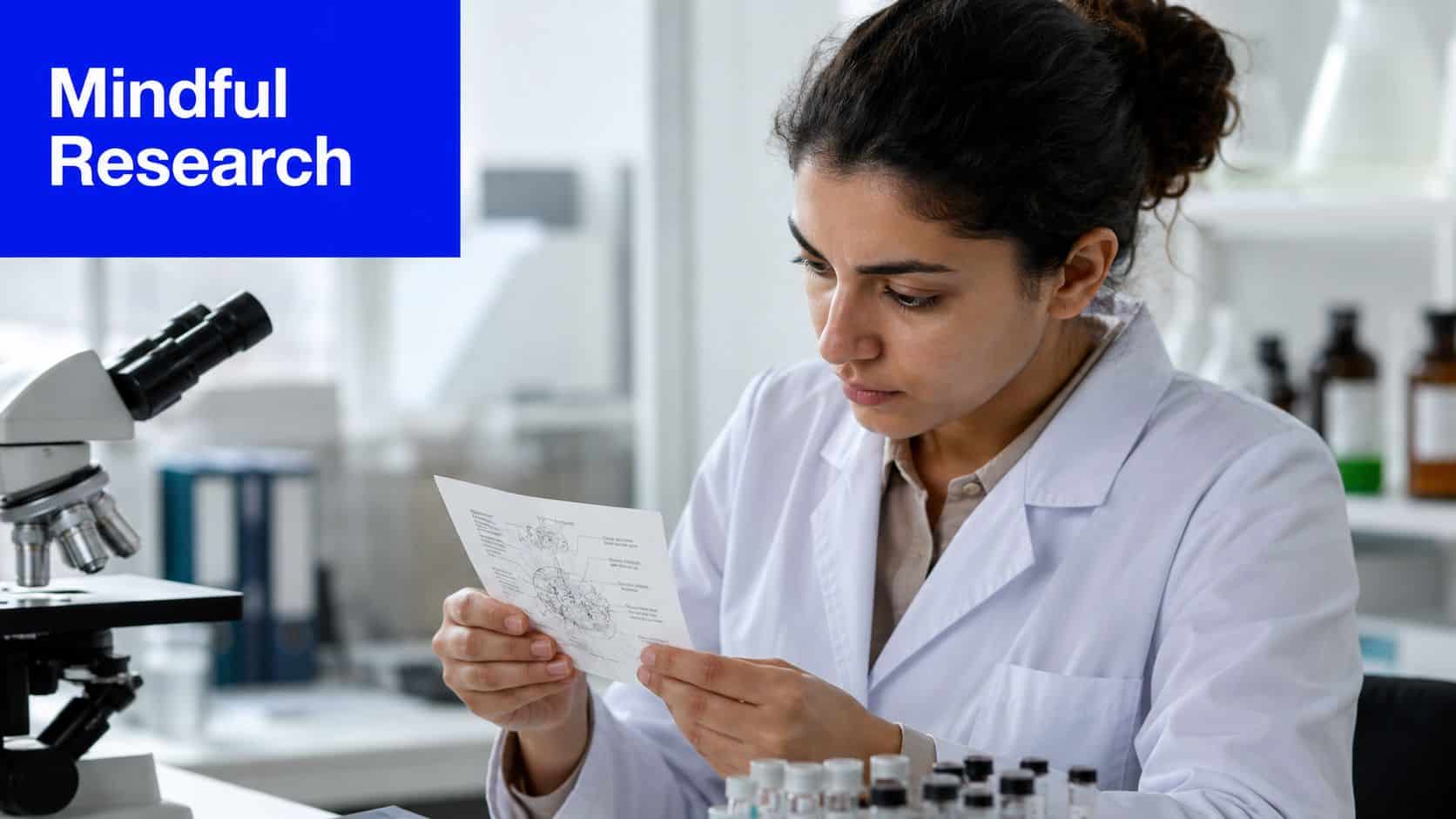 A female scientist in a lab coat examining a research paper with diagrams in a laboratory.