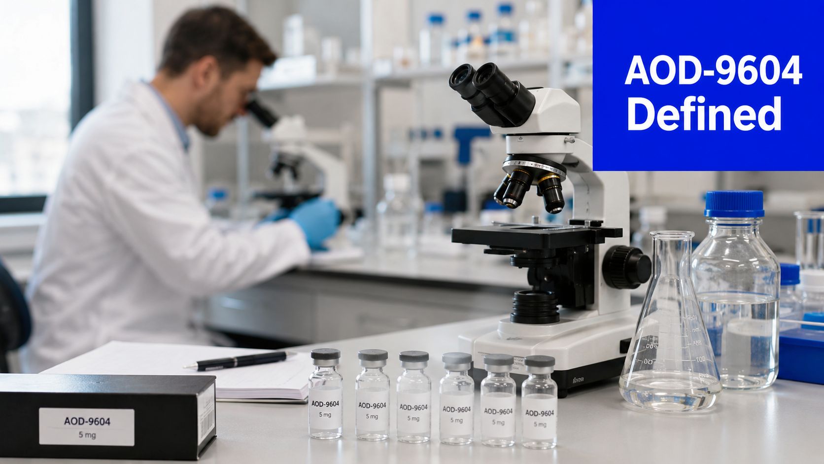 A scientist working in a lab with vials labeled AOD-9604 and a microscope on a table.