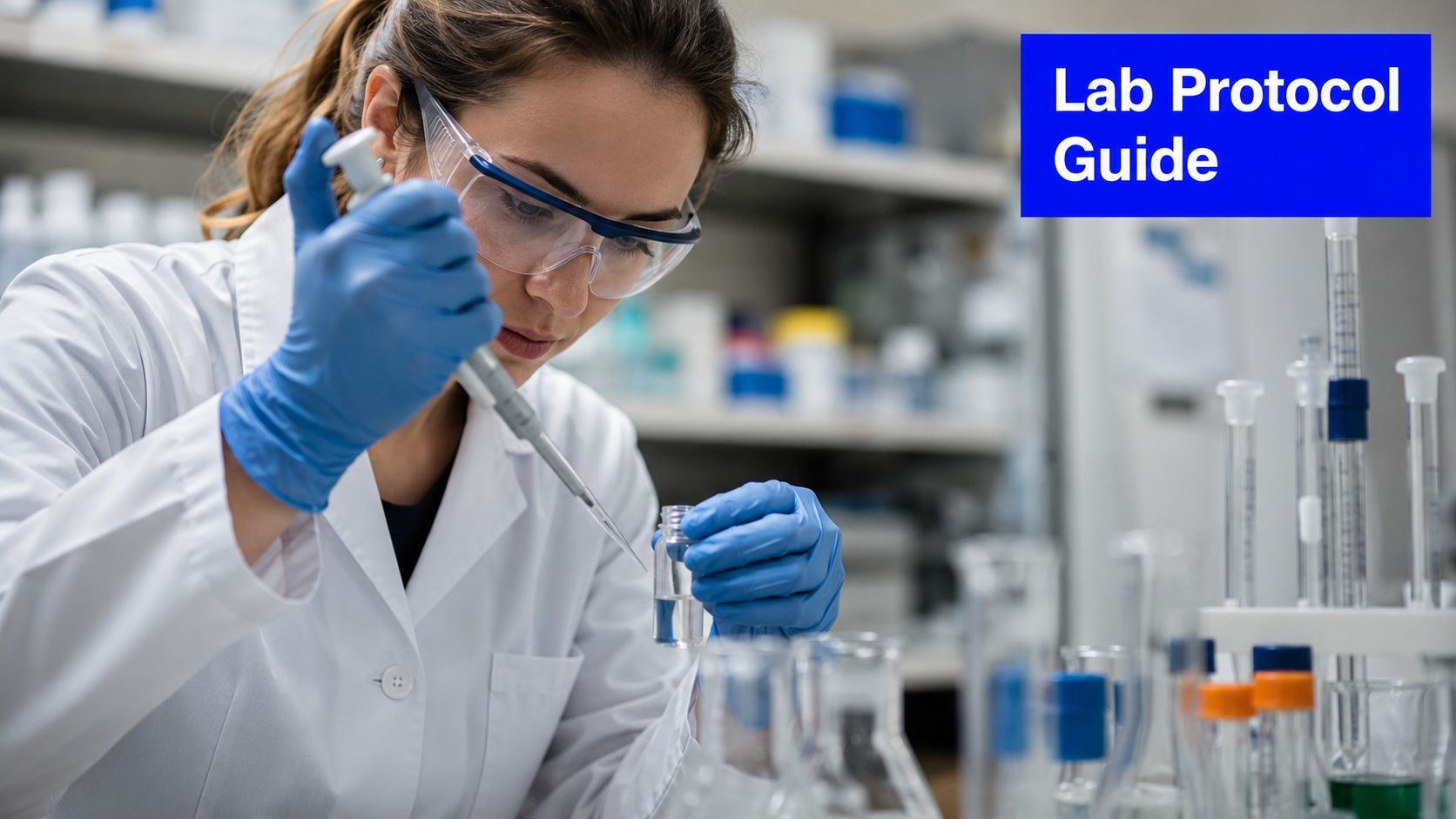 A female scientist in a laboratory wearing protective gear while performing a precise liquid measurement using a pipette.